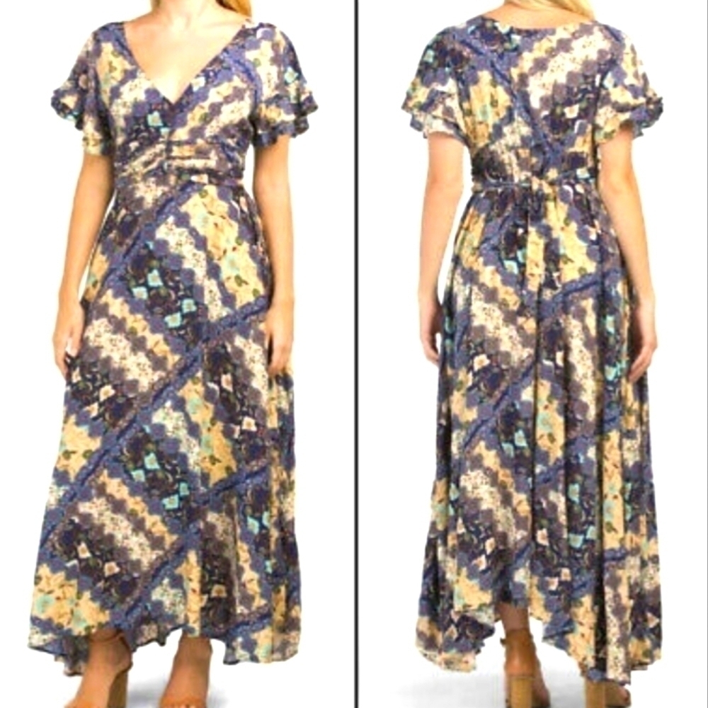 Abel The Label Anthropologie Ghandi Blue Floral Maxi Dress size L
